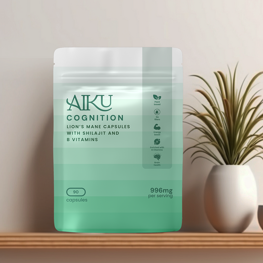 Green packaging of AIKU Cognition supplement with a plant in the background