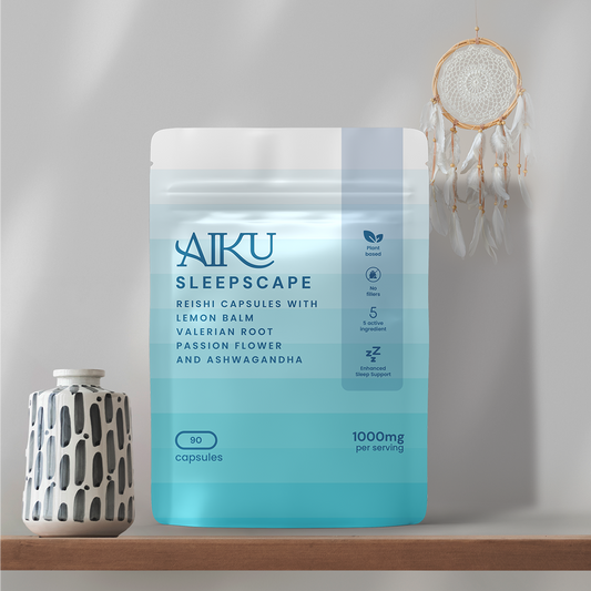 Aiku Sleepscape supplement pouch on a shelf with a decorative vase and dreamcatcher in the background.